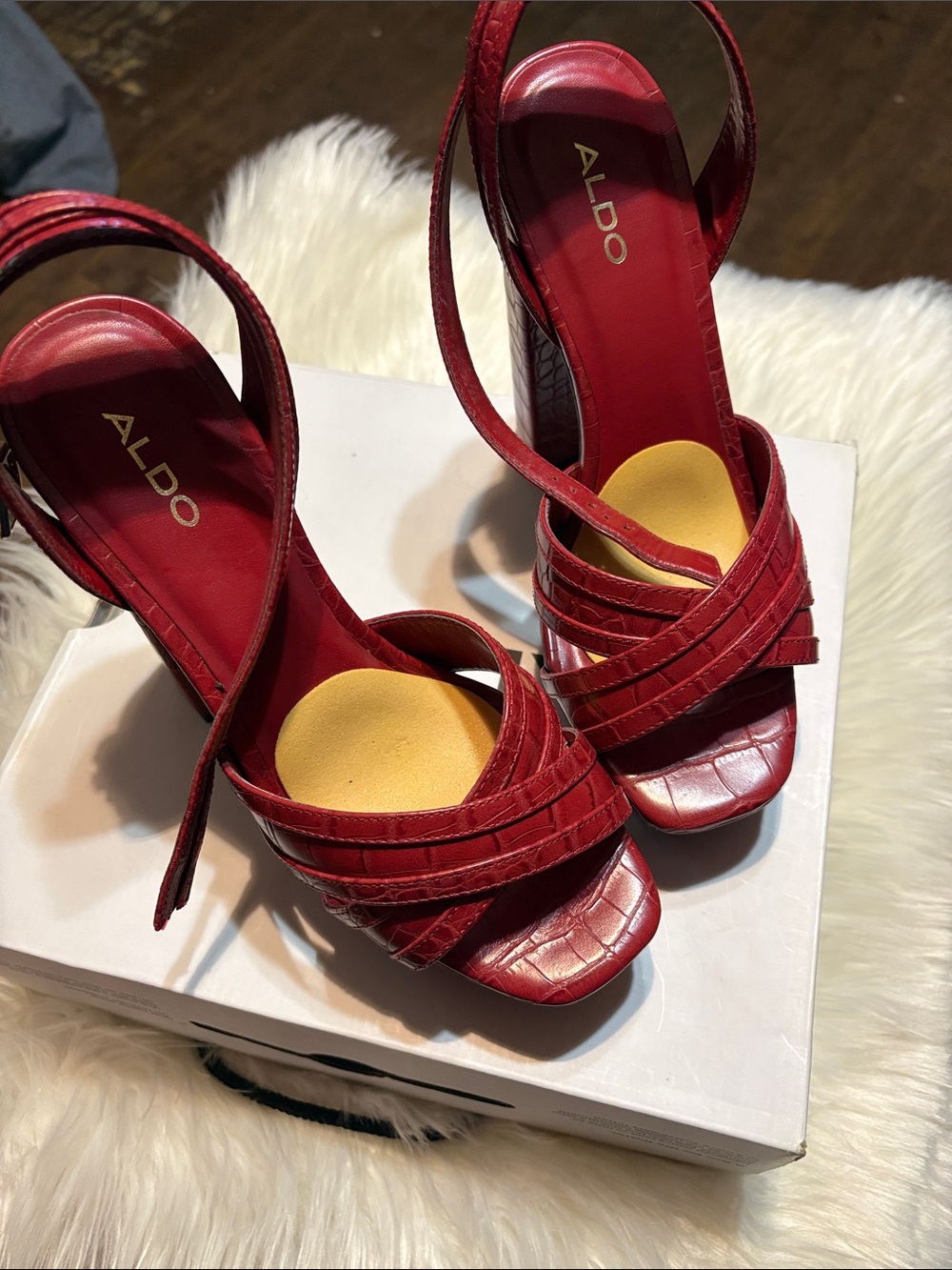 ALDO Red Croc-Texture Strappy Platform Heels